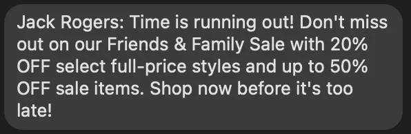 sms marketing example jack rogers friends and family sale