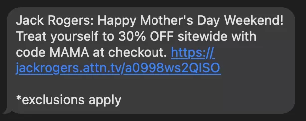 jack rogers mothers day text marketing example