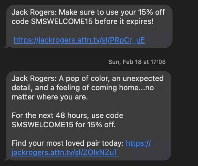 sms marketing example from jack rogers with welcome promo