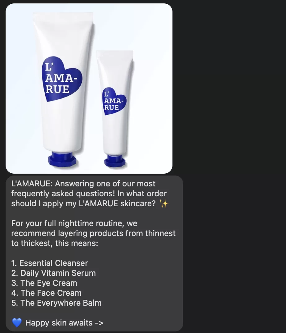 sms marketing example of faq from lamarue