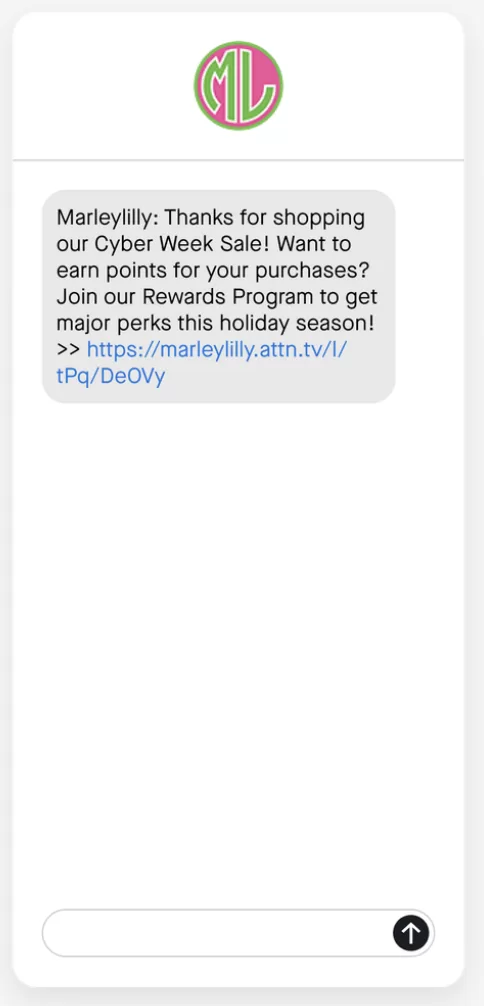 sms marketing example from marleylilly about rewards program