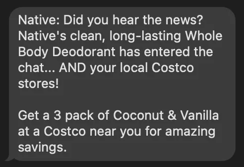 sms marketing example from native about costco partnership