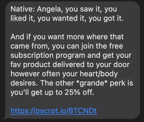 sms marketing example from native about subscription program