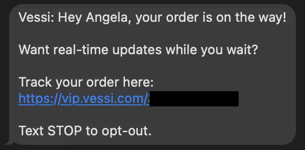 sms marketing example from vessi about order tracking