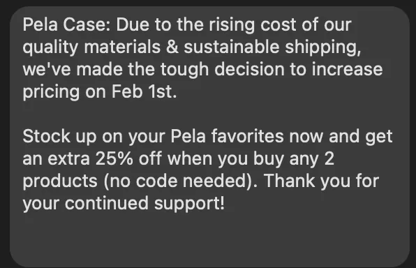 sms marketing example from pela about price increase