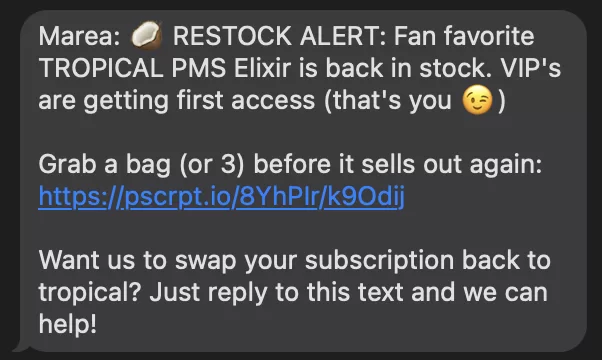 sms marketing example from marea about restocks