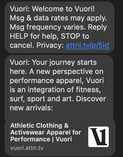 sms marketing example from vuori with welcome text