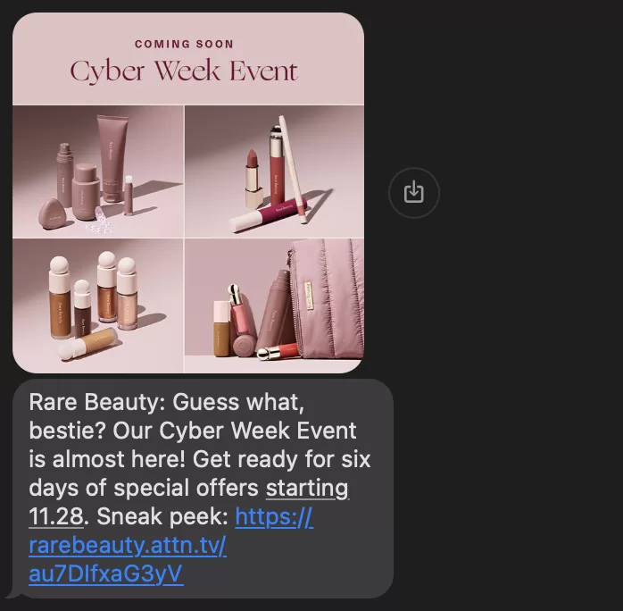 sms marketing example from rare beauty for cyber week