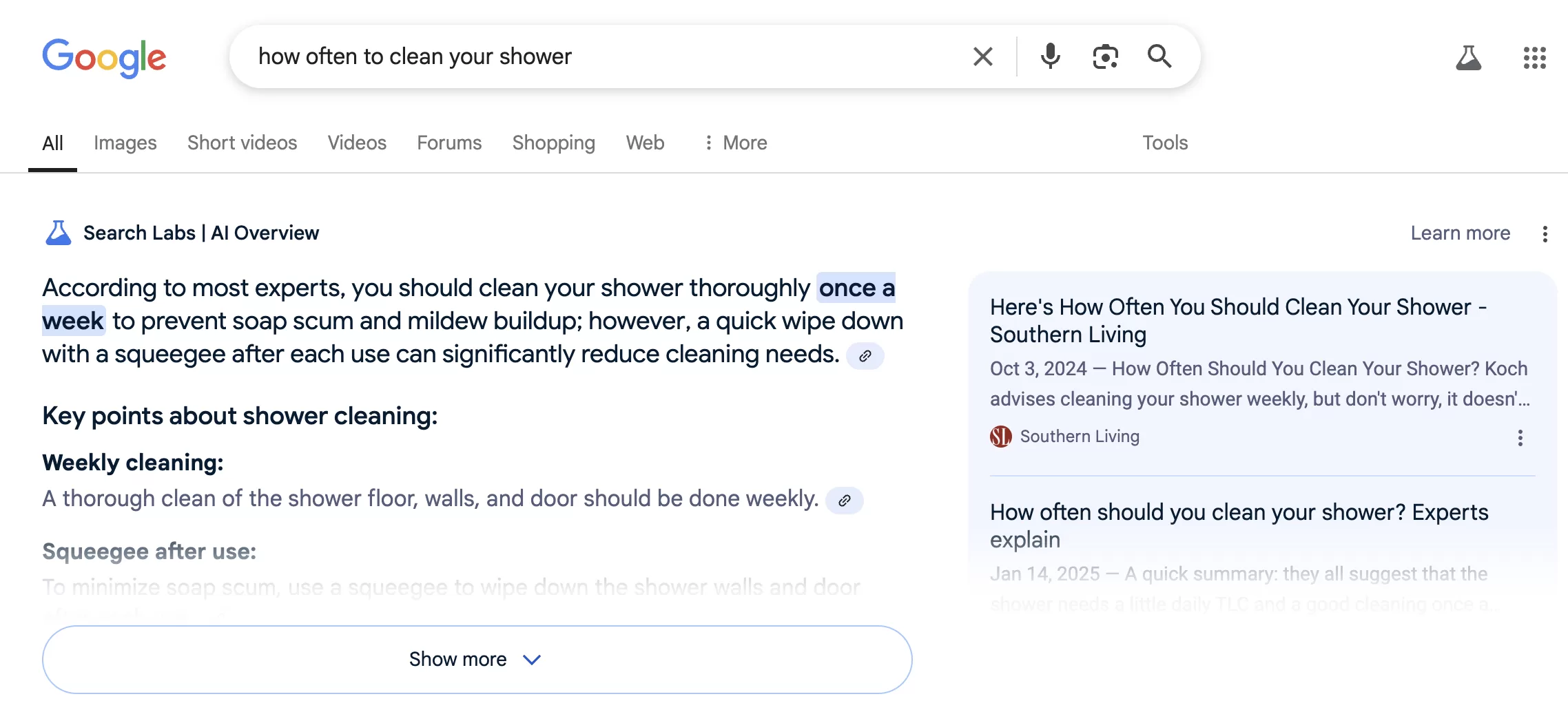 an example of an AI overview for a search on how often to clean a shower