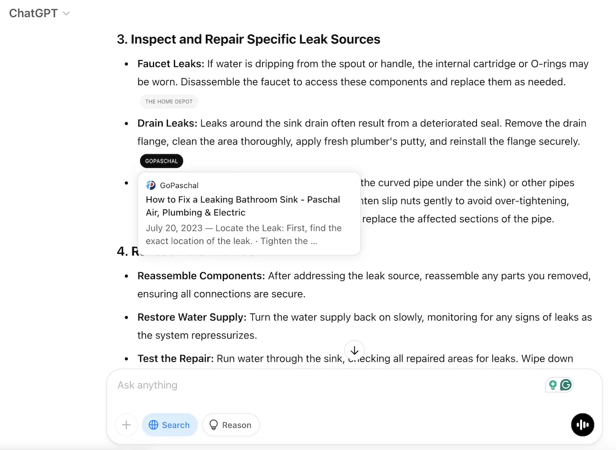 example of chatgpt search with referral traffic potential