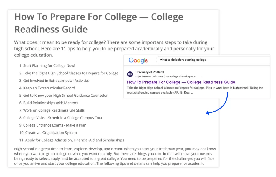 content structure example search result and content