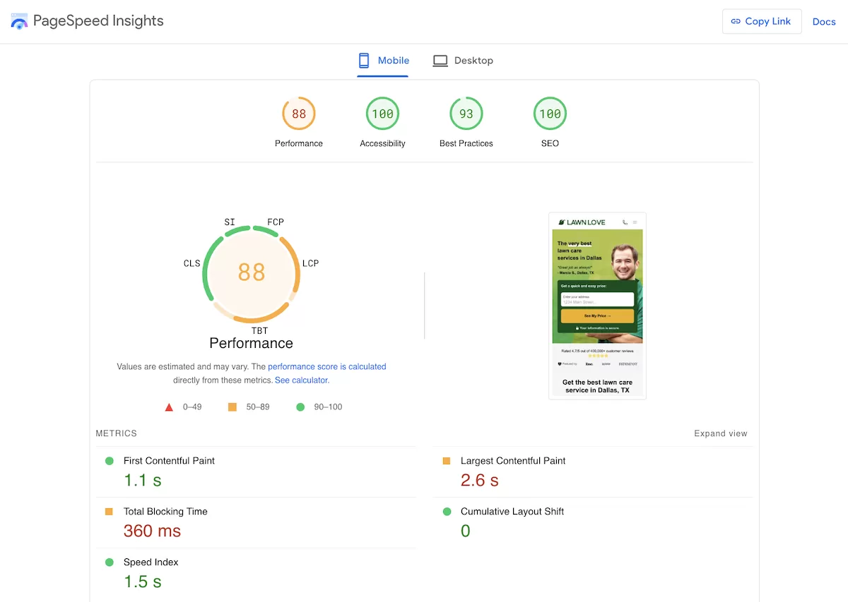 example report for google pagespeed insights tool