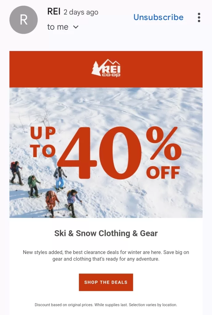 Personalized marketing - email from REI