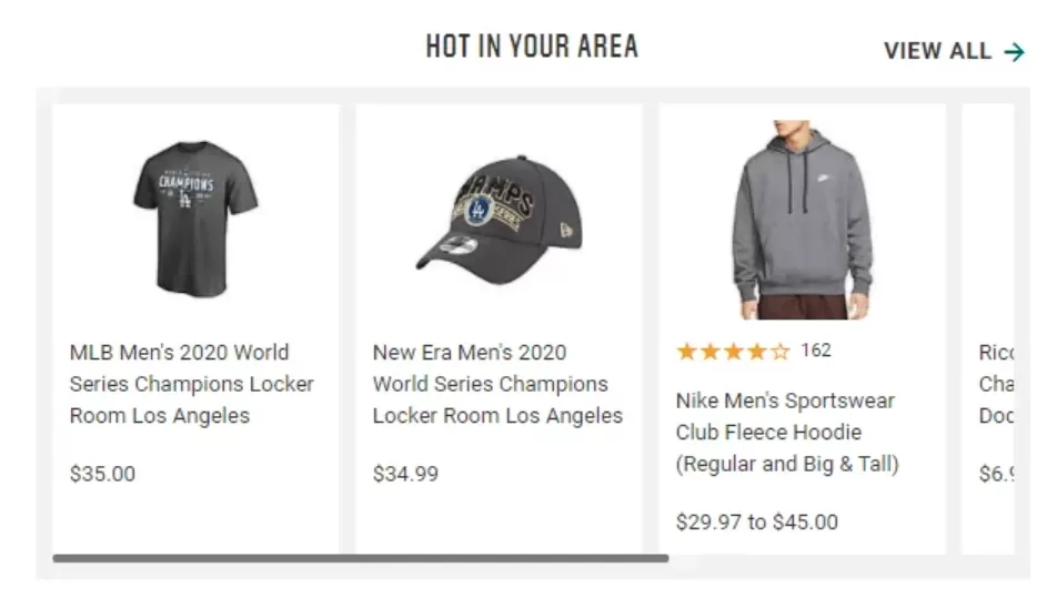 Personalized marketing - geo-targeting personalization on Dick's Sporting Goods website.