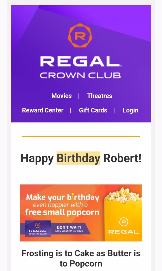 Personalized marketing - Birthday email from Regal