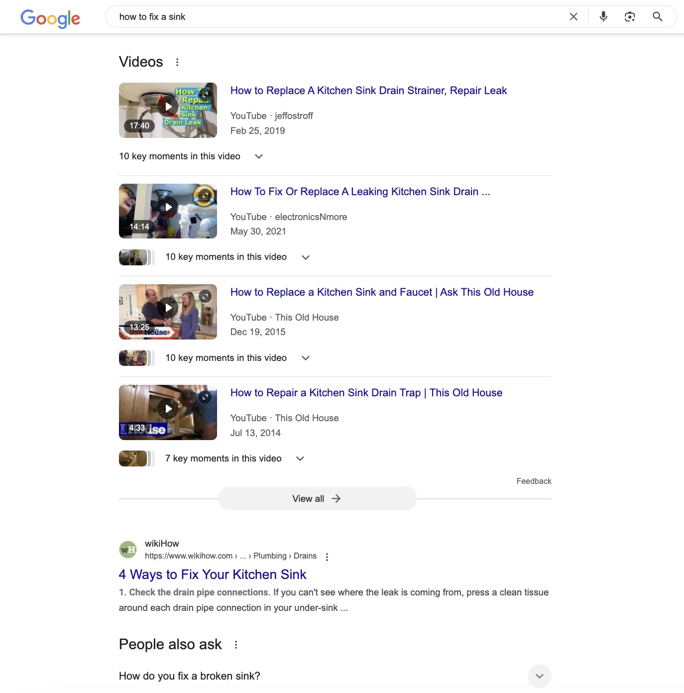 video results ont he serp for how to fix a sink query